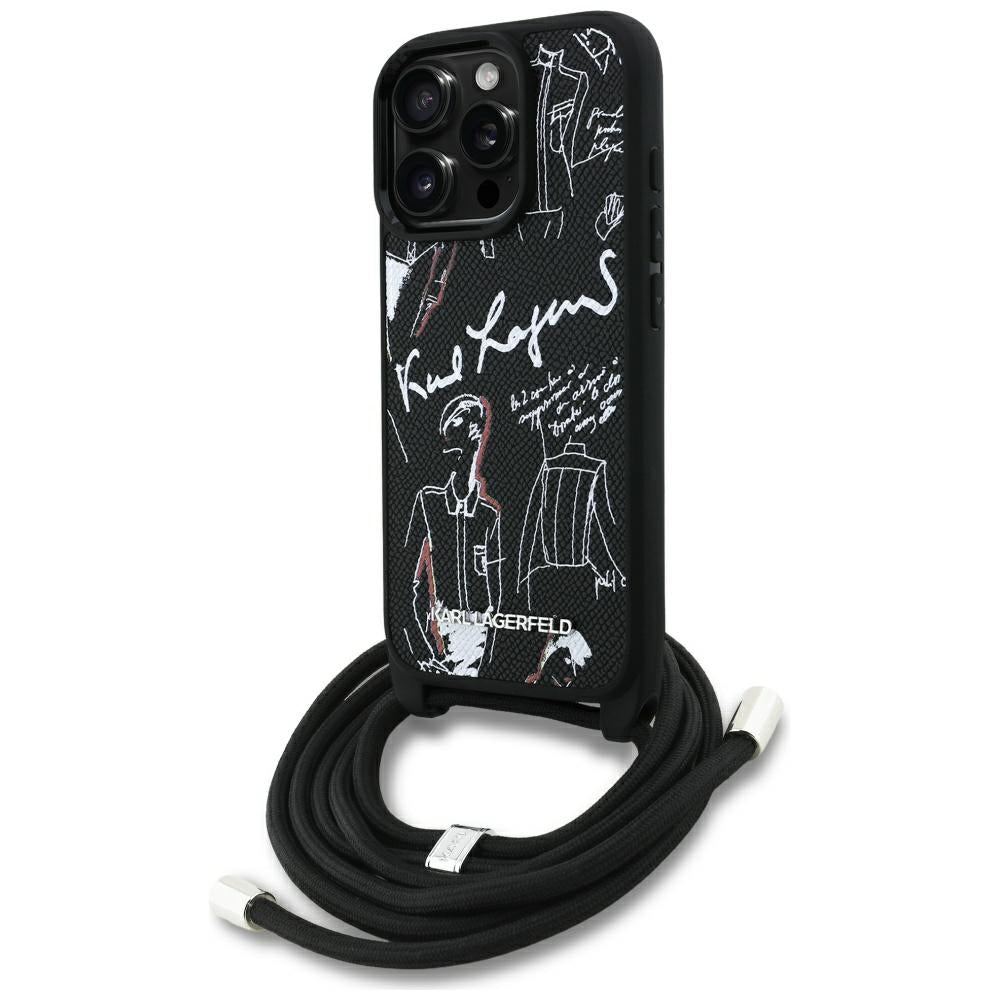 Karl Lagerfeld Crossbody Grained Pattern & Logo dėklas iPhone 16 Pro Max - Juodas -- iPhone 16 Pro Max