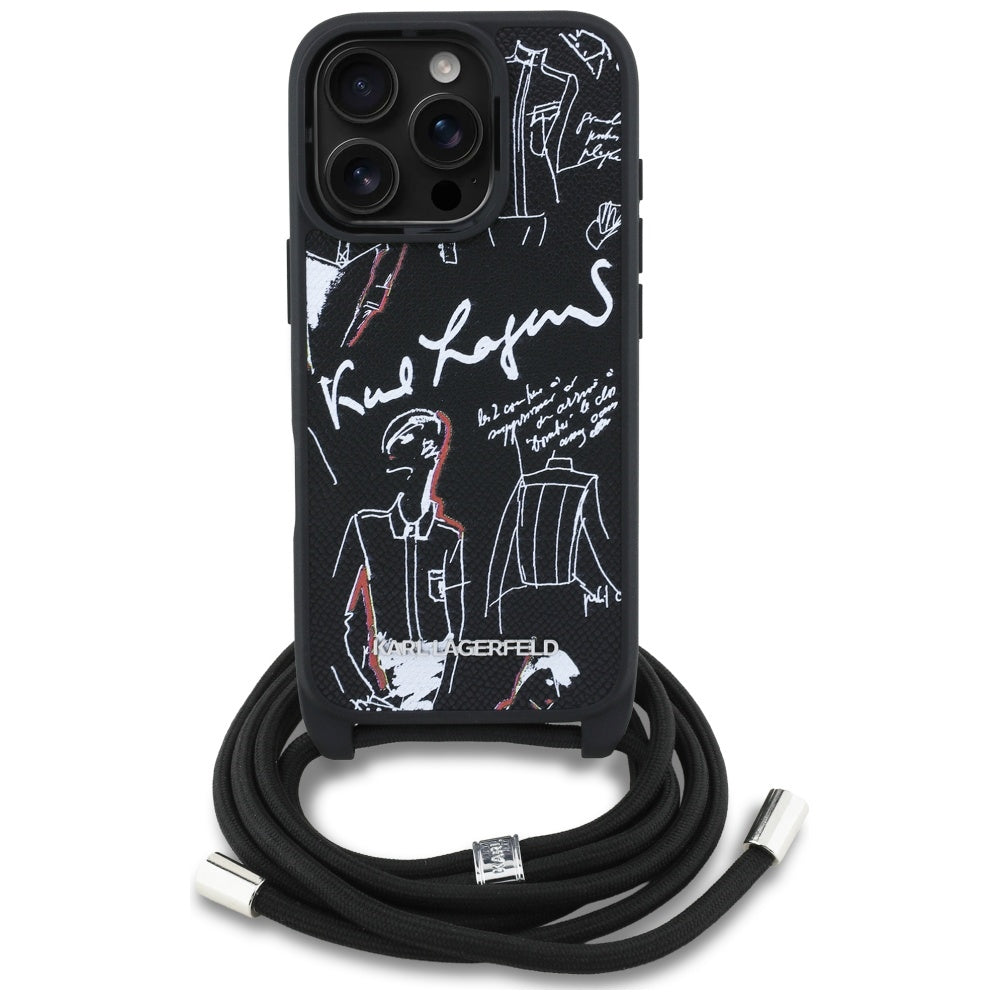Karl Lagerfeld Crossbody Grained Pattern & Logo dėklas iPhone 16 Pro Max - Juodas -- iPhone 16 Pro Max