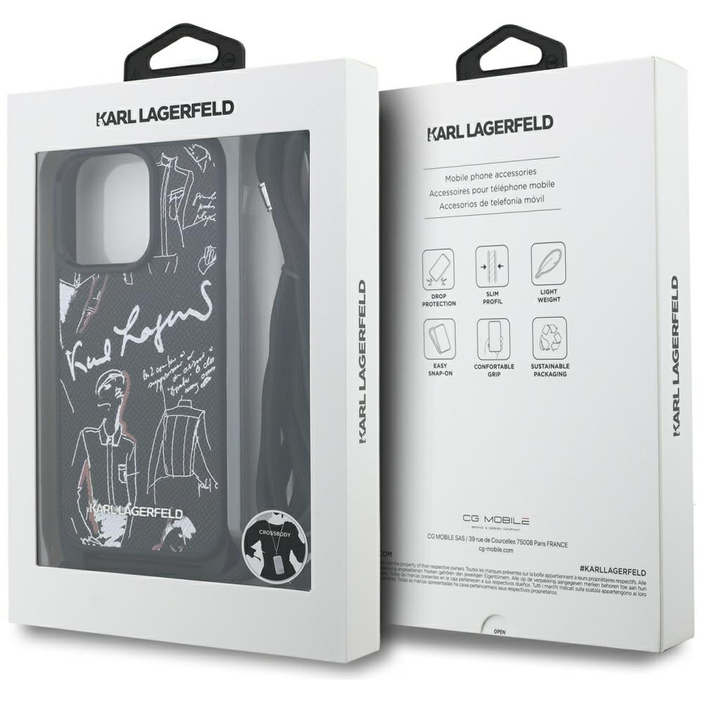 Karl Lagerfeld Crossbody Grained Pattern & Logo dėklas iPhone 16 Pro Max - Juodas -- iPhone 16 Pro Max
