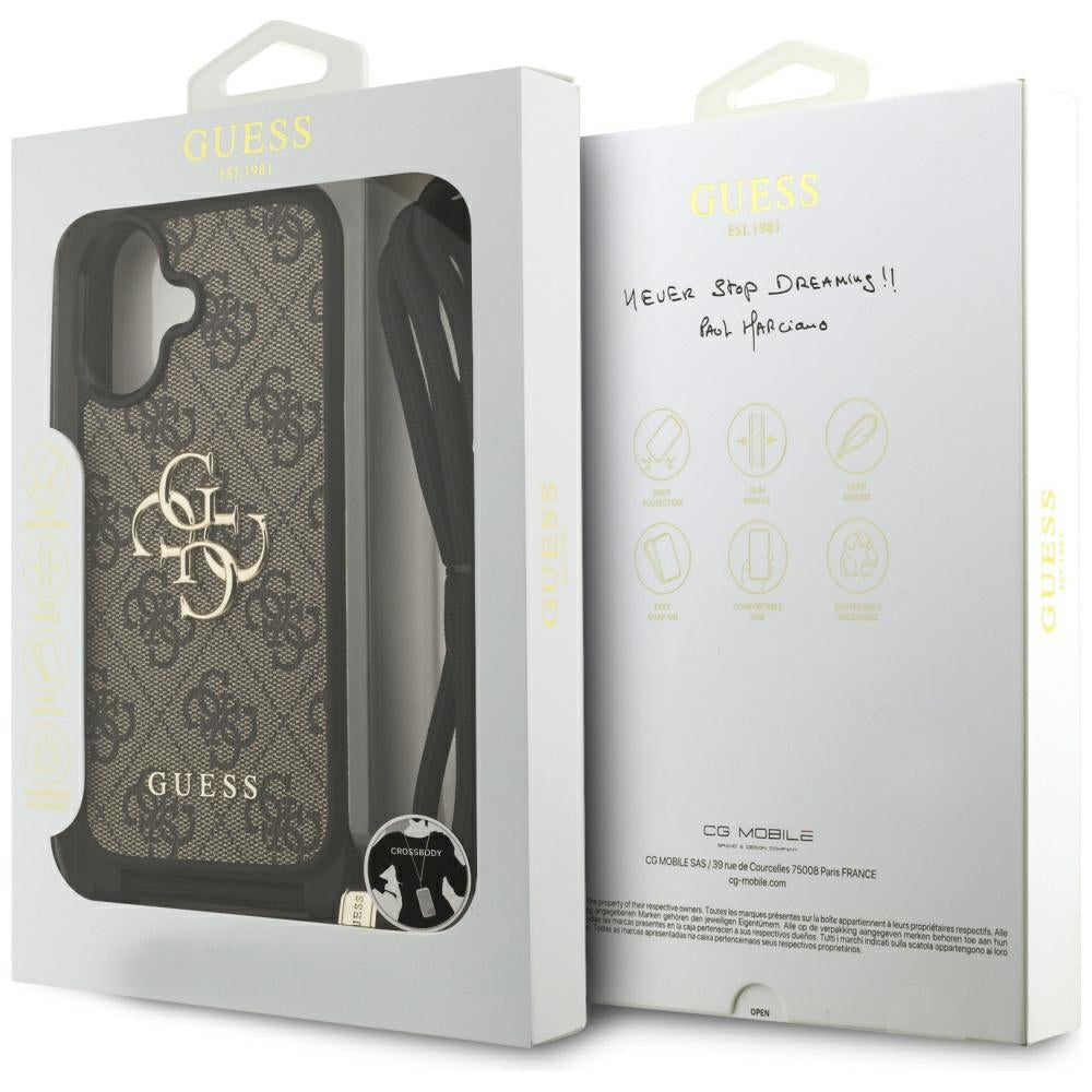 Guess 4G Didelis logotipo laido tvirtinimo dėklas, skirtas iPhone 17 - Brown