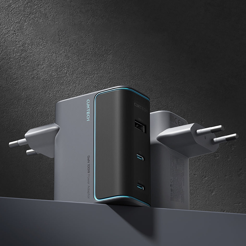 Cuktech CUKAD1003EUG GaN 100W sieninis įkroviklis 2 x USB-C 1 x USB-A su USB-C laidu - pilkas