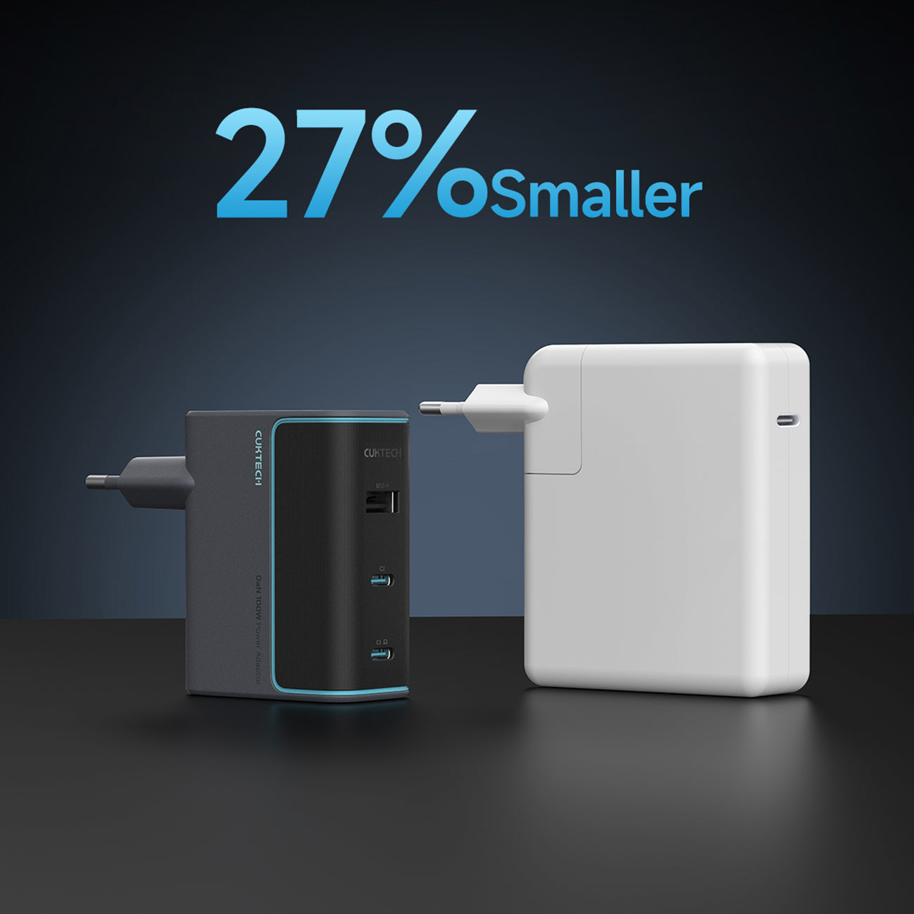 Cuktech CUKAD1003EUG GaN 100W sieninis įkroviklis 2 x USB-C 1 x USB-A su USB-C laidu - pilkas