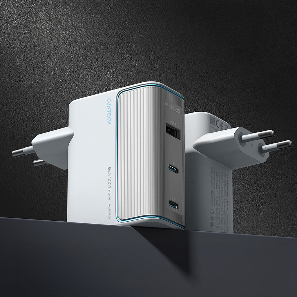 Cuktech AD1003EU 100W GaN 2x USB-C + USB-A Wvisas įkroviklis su laidu - White