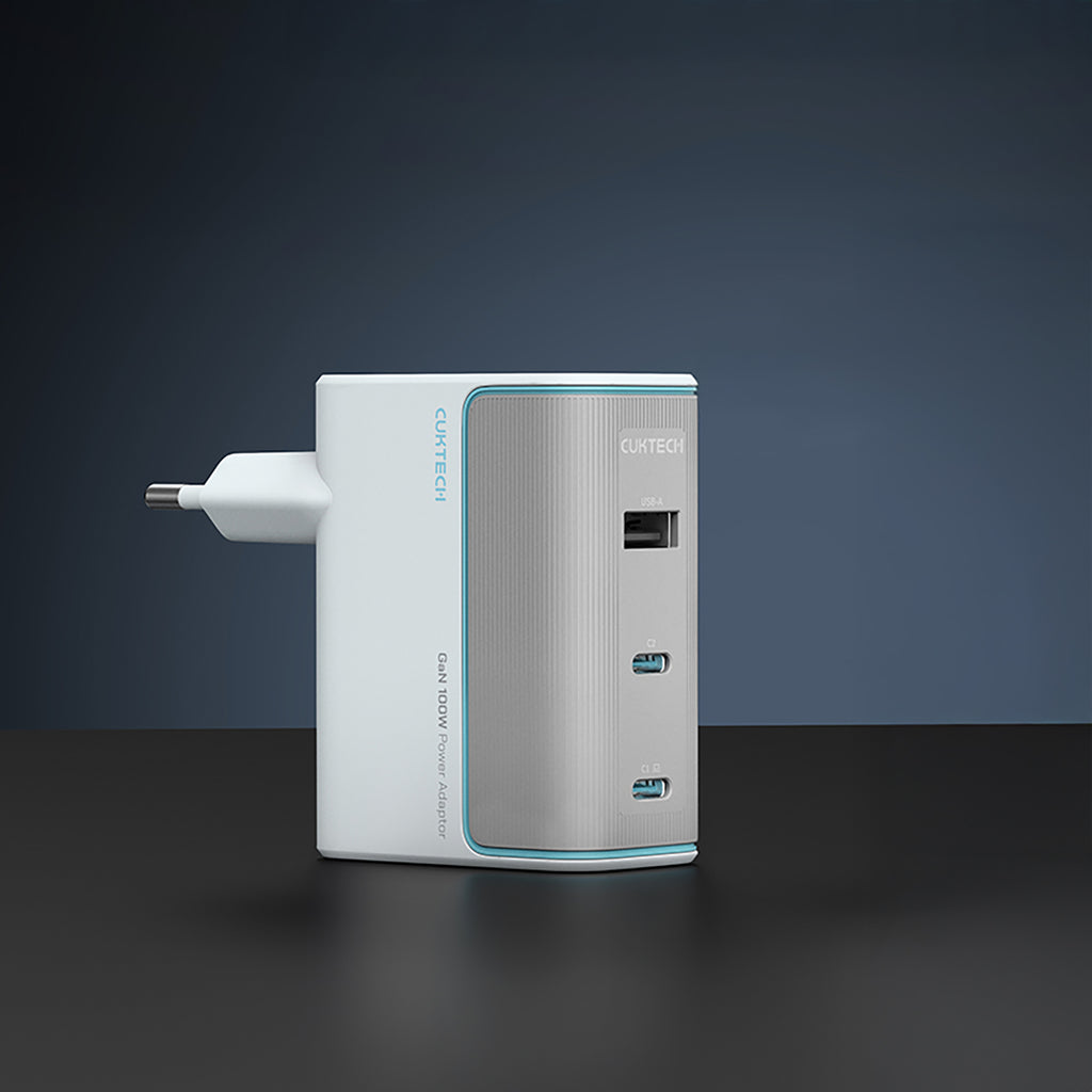 Cuktech AD1003EU 100W GaN 2x USB-C + USB-A Wvisas įkroviklis su laidu - White