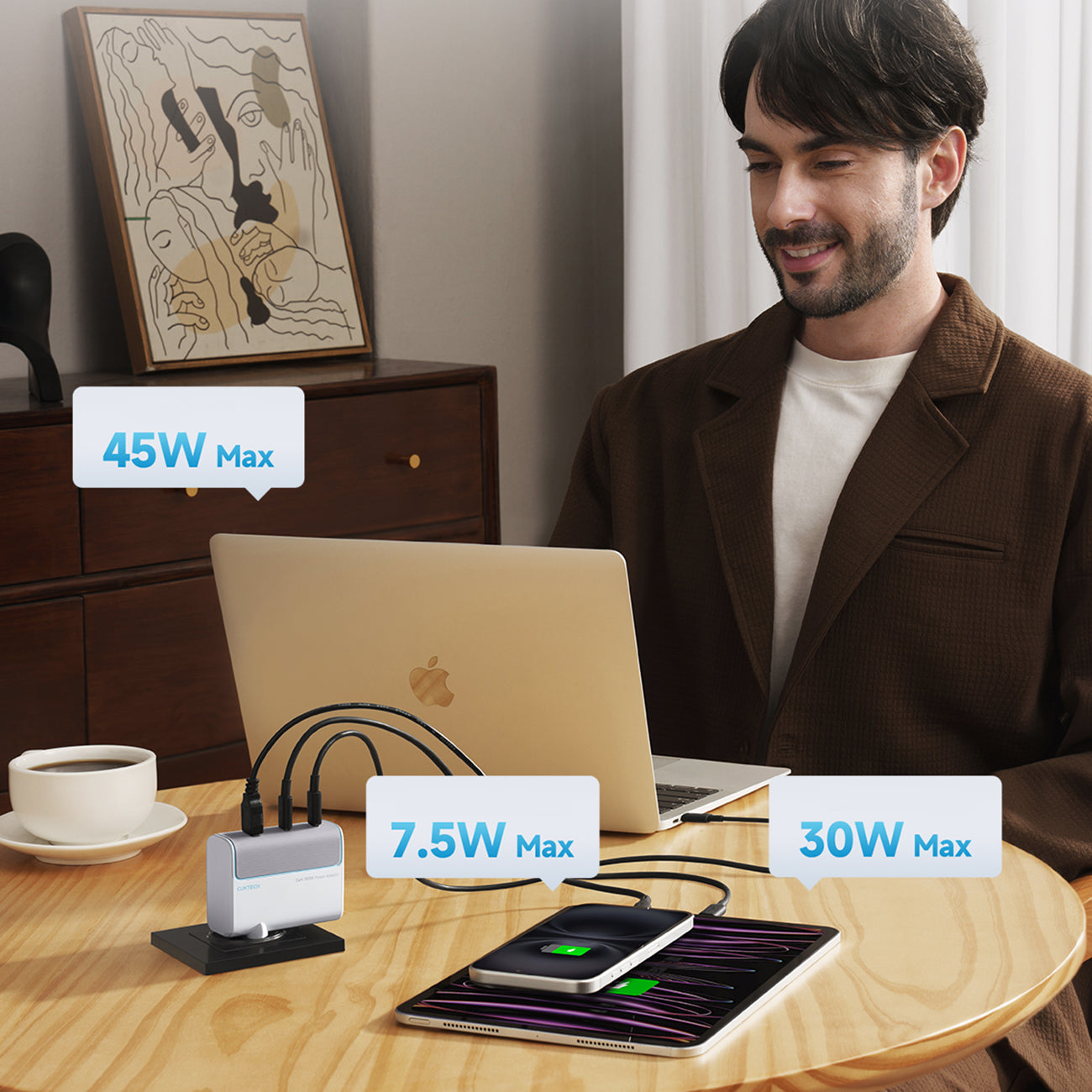 Cuktech AD1003EU 100W GaN 2x USB-C + USB-A Wvisas įkroviklis su laidu - White