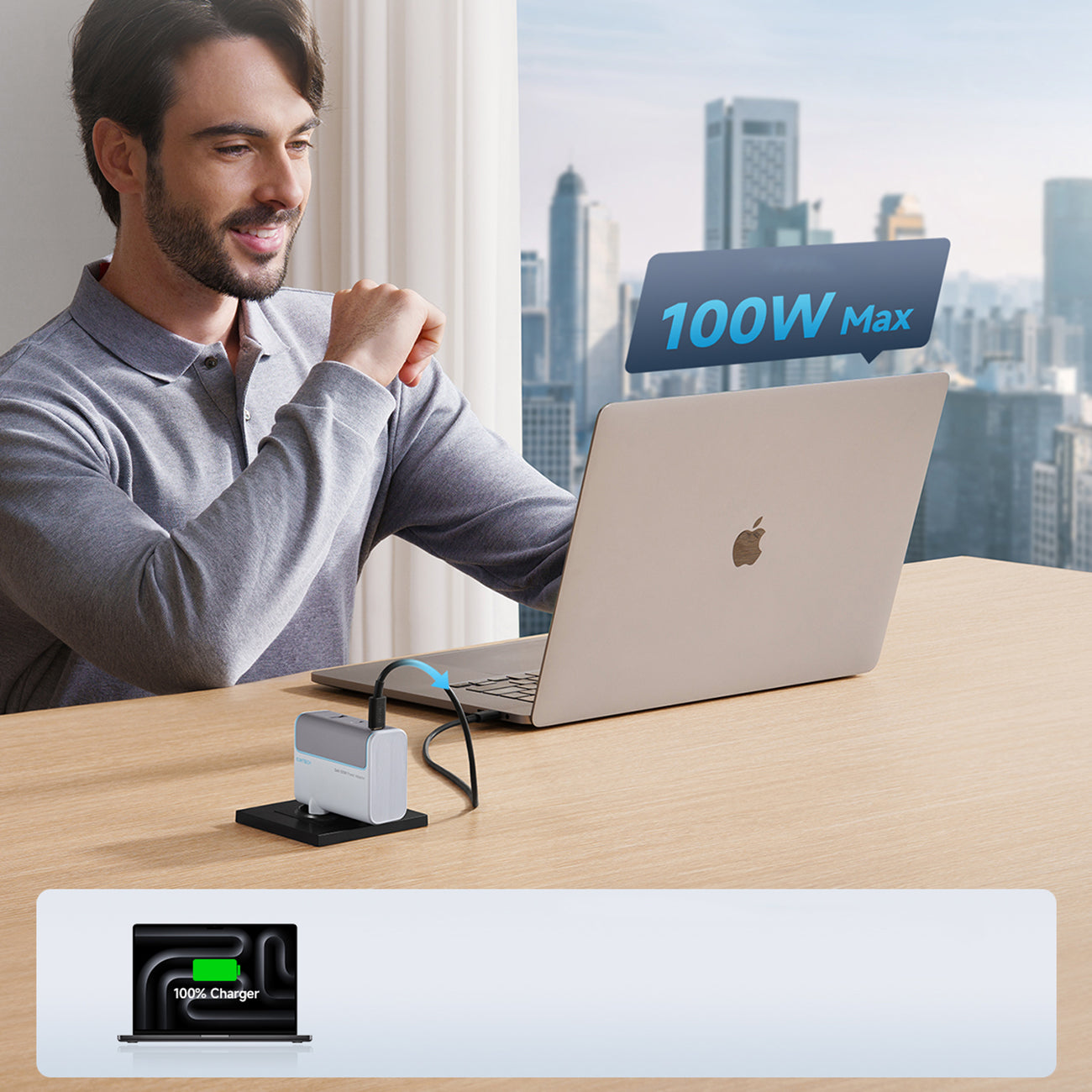 Cuktech AD1003EU 100W GaN 2x USB-C + USB-A Wvisas įkroviklis su laidu - White