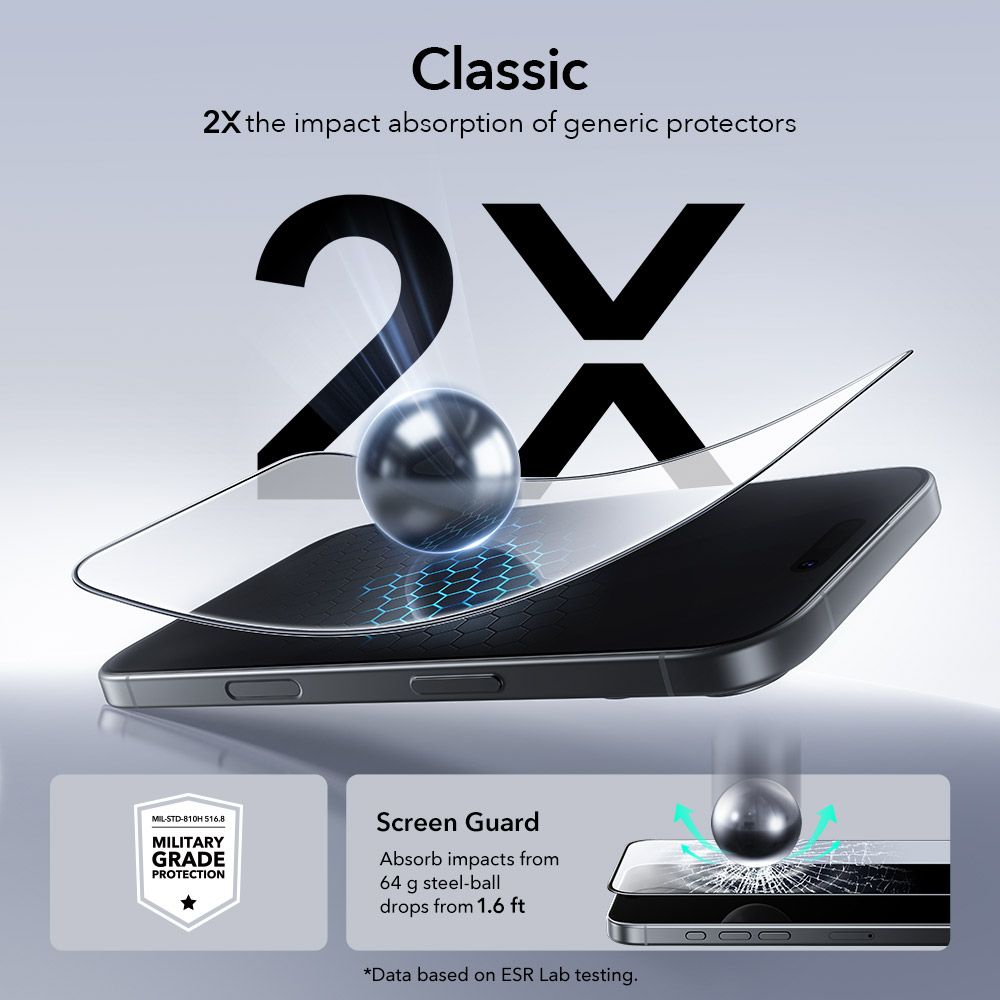 ESR UltraFit grūdintas stiklas iPhone 16 Pro / 17 (2 vnt.) – skaidrus -- iPhone 16 Pro / iPhone 17