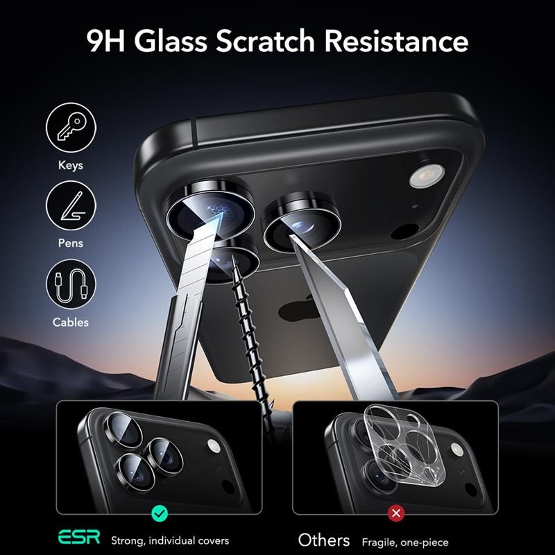 ESR Armorite kameros apsauginis stiklas iPhone 14–17 Pro/Max – juodas -- iPhone 14 Pro / iPhone 14 Pro Max / iPhone 15...