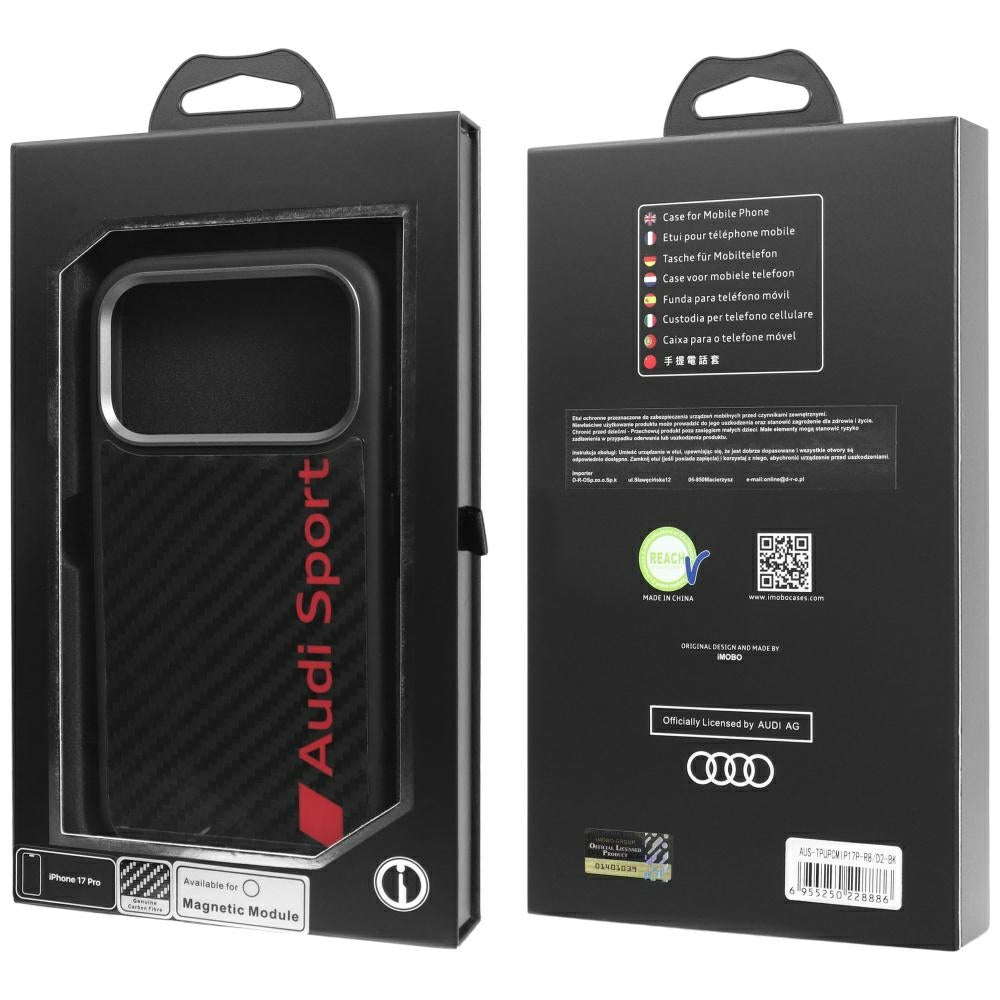 Audi R8 anglies pluošto MagSafe dėklas iPhone 17 Pro – juodas