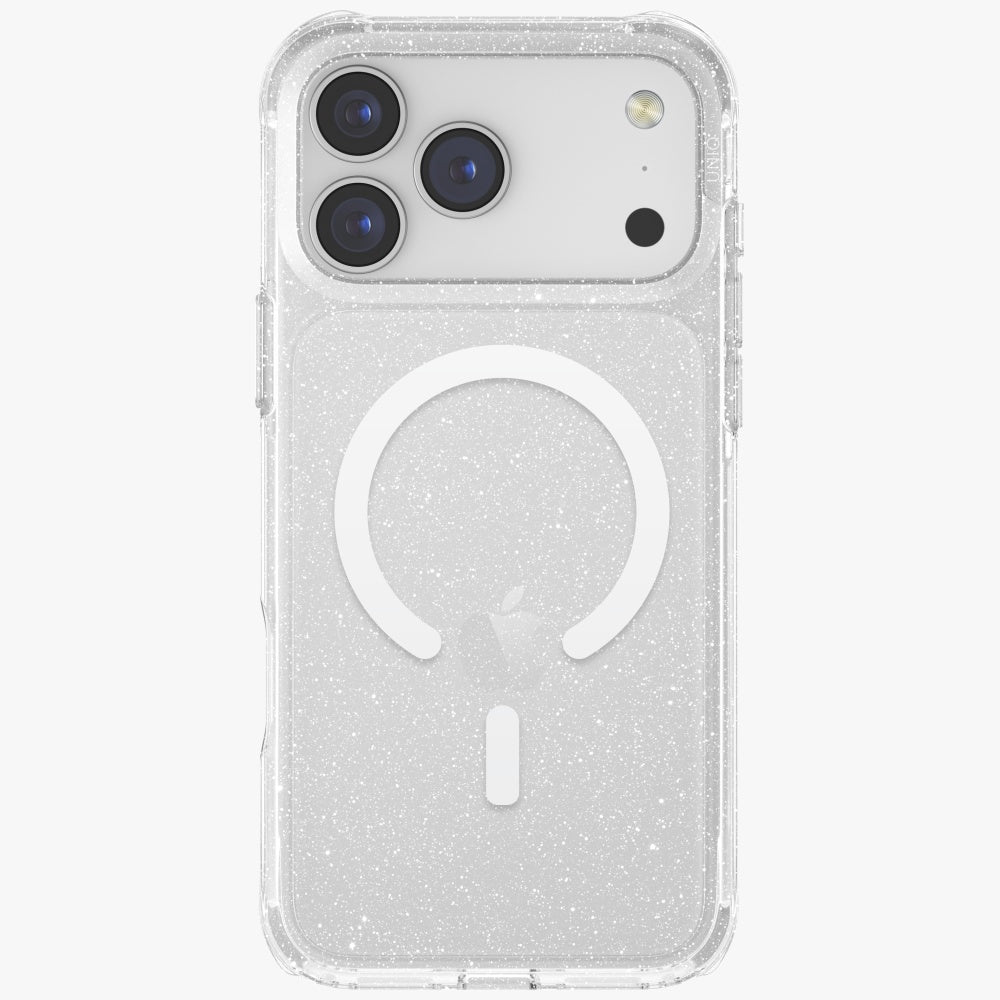 Uniq MagClick dėklas iPhone 17 Pro Max – skaidrus, su blizgučiais