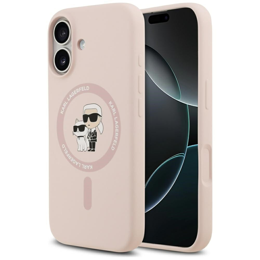 Karl Lagerfeld silikoninis Karl&Choupette žiedas MagSafe Dėklas, skirtas iPhone 17 - Pink