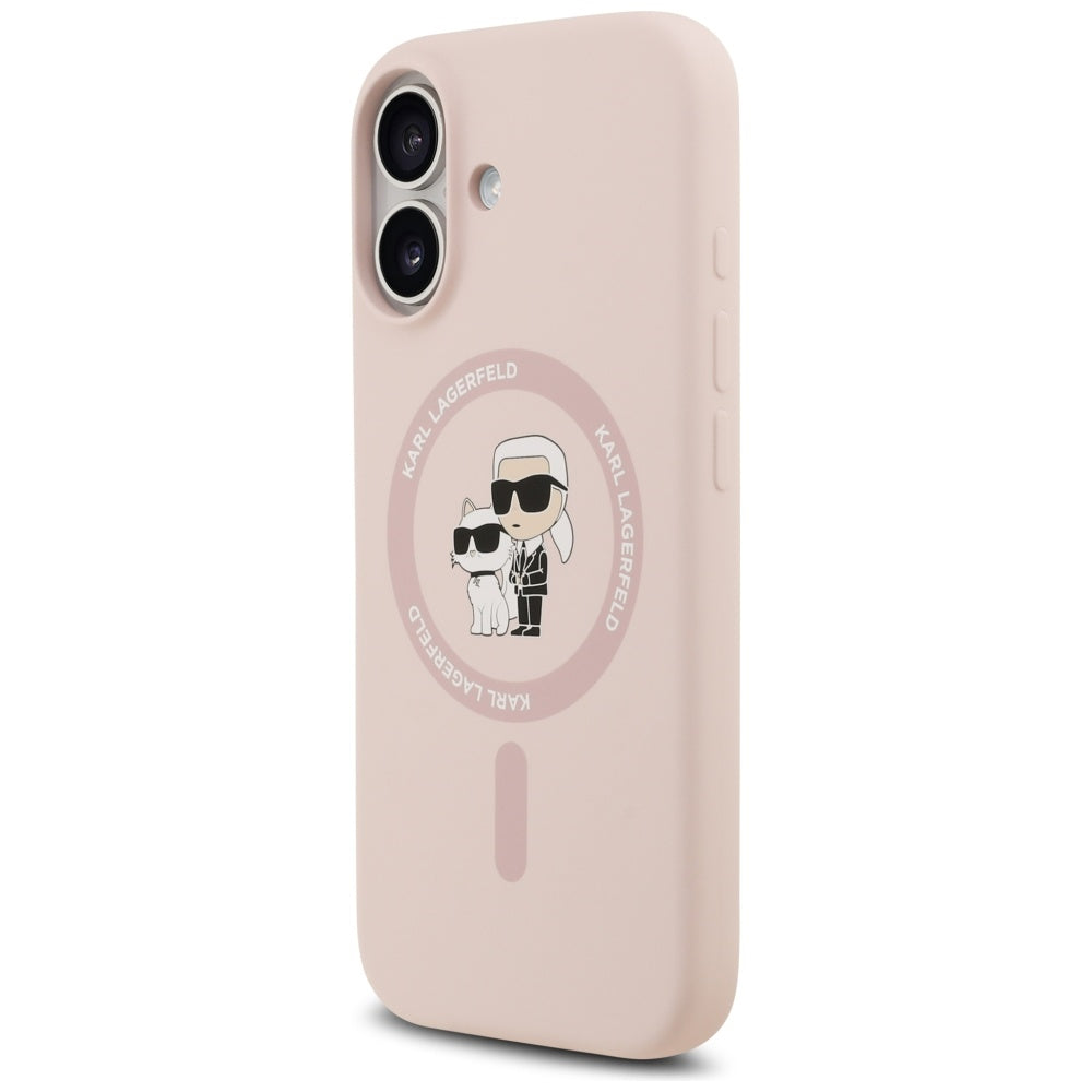 Karl Lagerfeld silikoninis Karl&Choupette žiedas MagSafe Dėklas, skirtas iPhone 17 - Pink