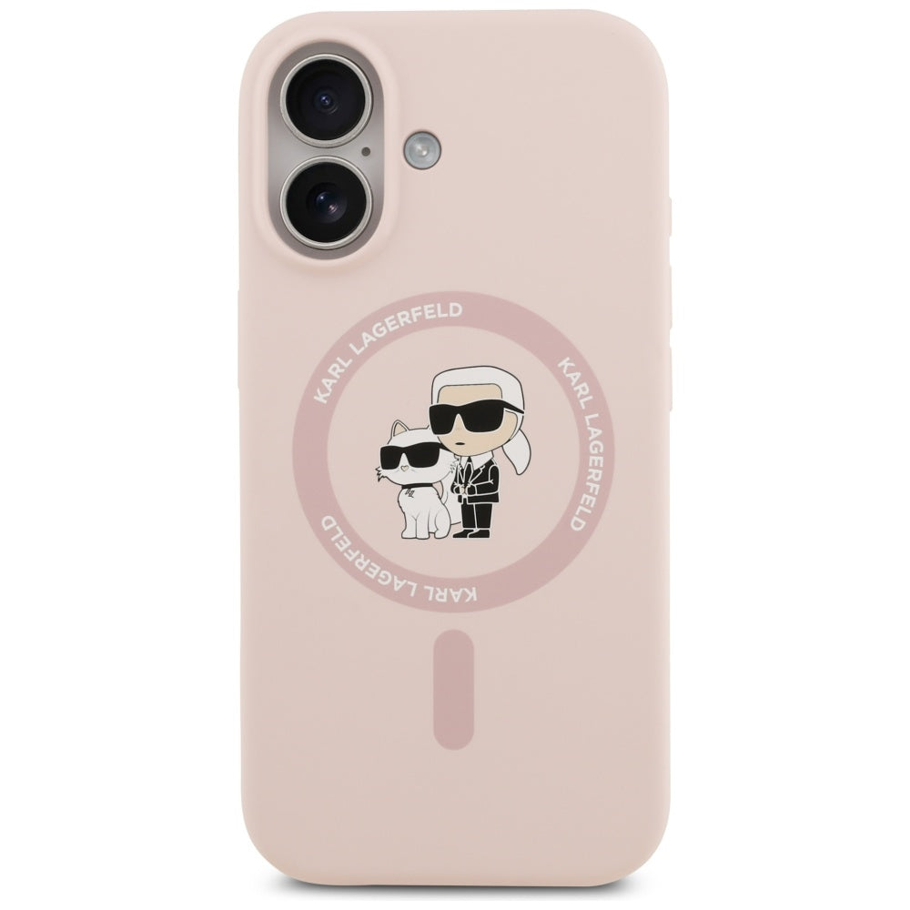 Karl Lagerfeld silikoninis Karl&Choupette žiedas MagSafe Dėklas, skirtas iPhone 17 - Pink