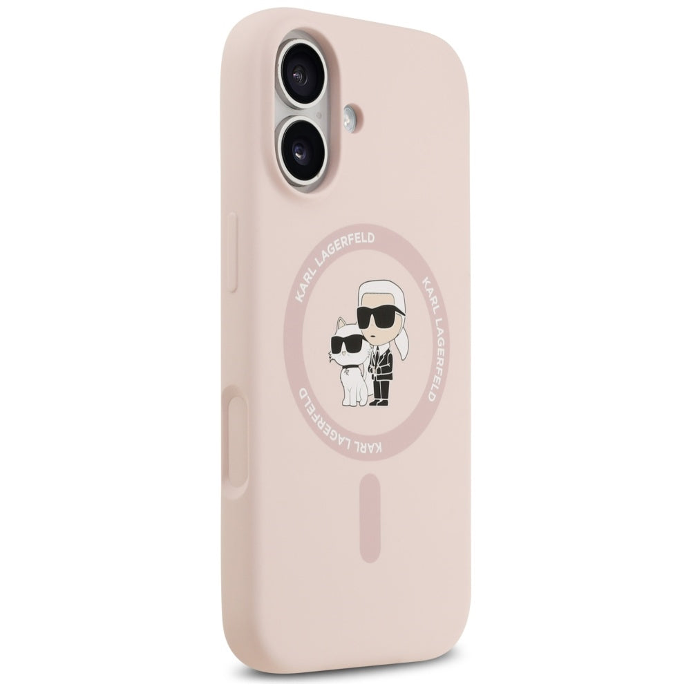 Karl Lagerfeld silikoninis Karl&Choupette žiedas MagSafe Dėklas, skirtas iPhone 17 - Pink