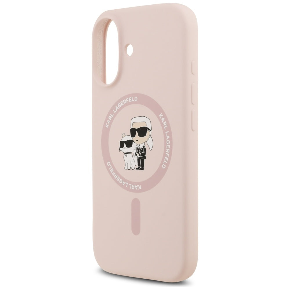 Karl Lagerfeld silikoninis Karl&Choupette žiedas MagSafe Dėklas, skirtas iPhone 17 - Pink