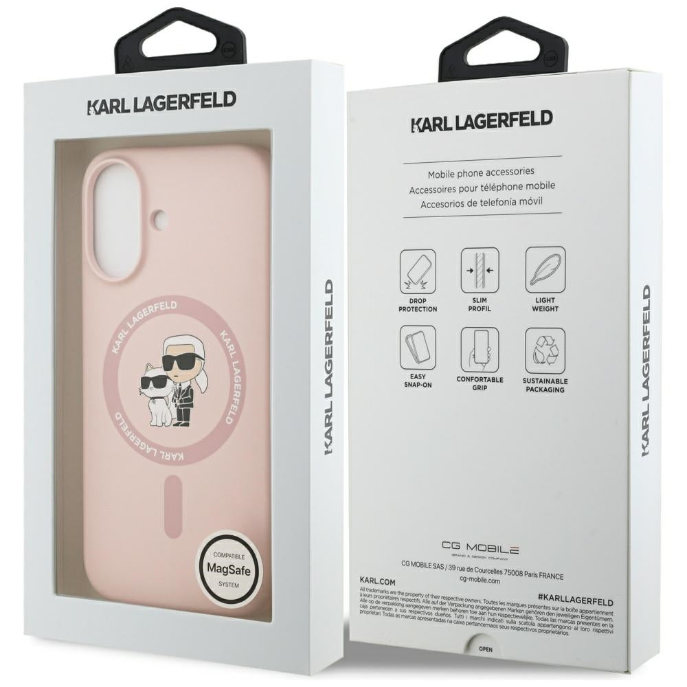 Karl Lagerfeld silikoninis Karl&Choupette žiedas MagSafe Dėklas, skirtas iPhone 17 - Pink