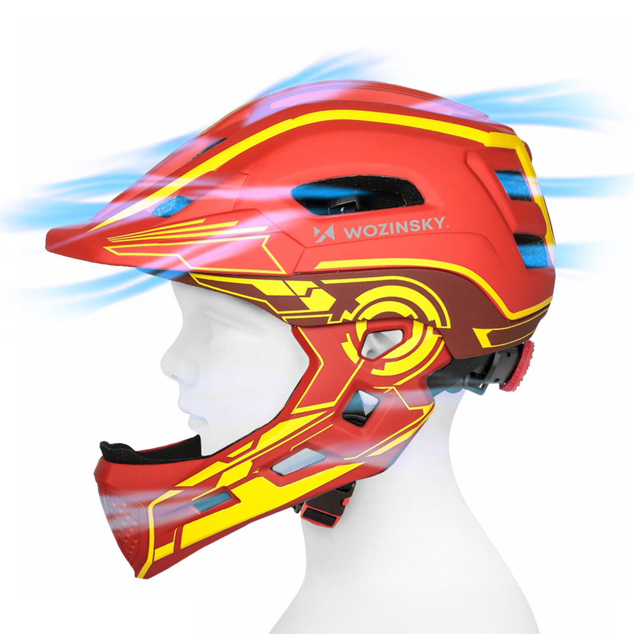 Wozinsky vaikiško pilno veido dviračio šalmas su USB galine šviesa S - Raudona ir geltona -- Bicycle Helmets