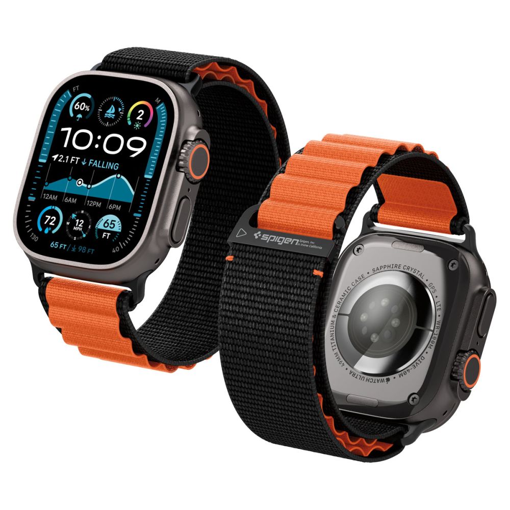 Spigen WBF1 dirželis, skirtas Apple Watch 44/45/46/49 mm – juodas ir oranžinis