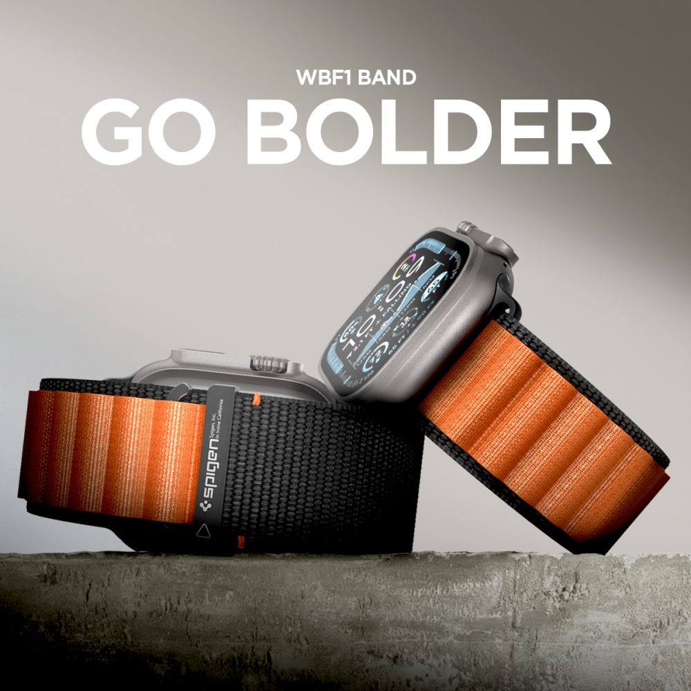 Spigen WBF1 dirželis, skirtas Apple Watch 44/45/46/49 mm – juodas ir oranžinis