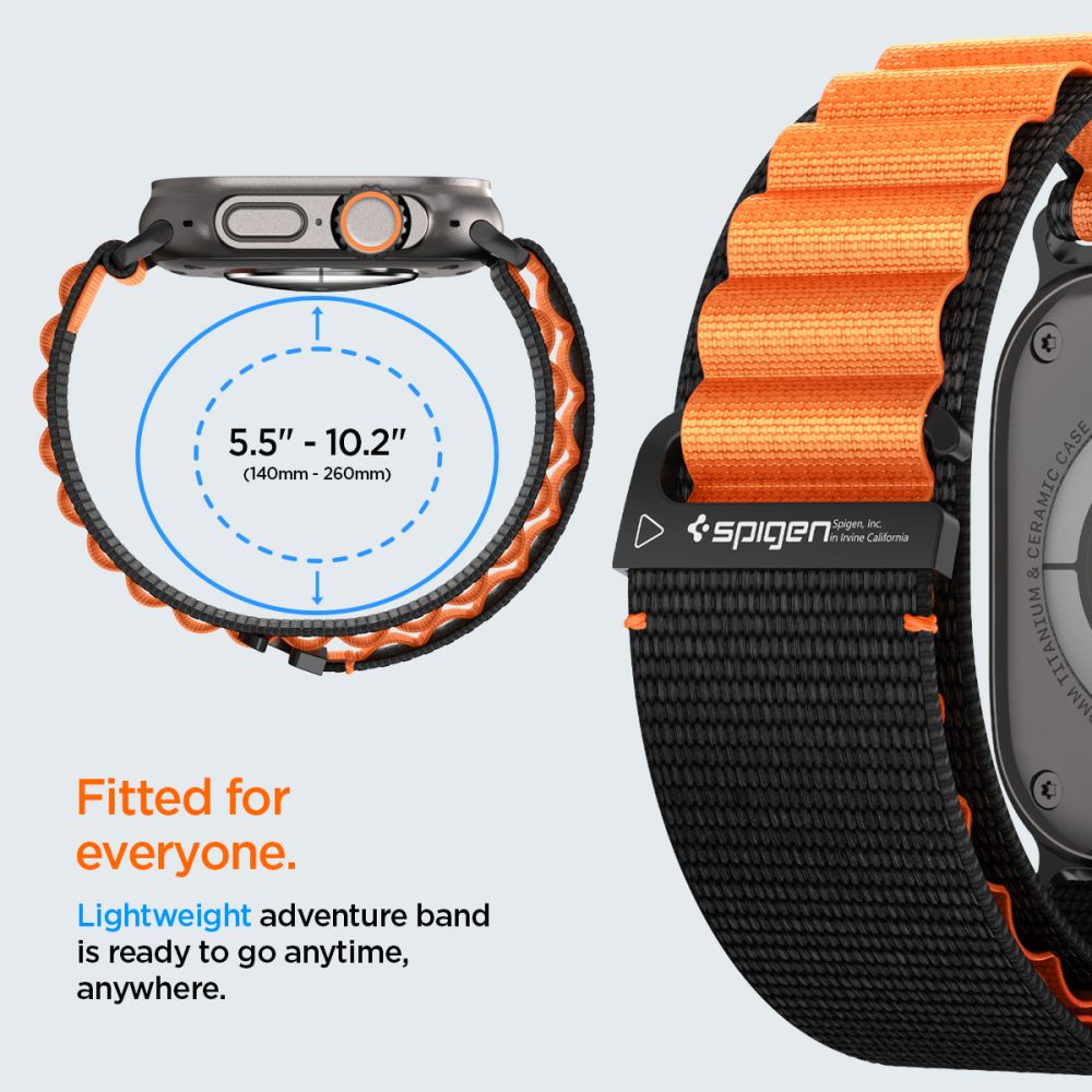 Spigen WBF1 dirželis, skirtas Apple Watch 44/45/46/49 mm – juodas ir oranžinis