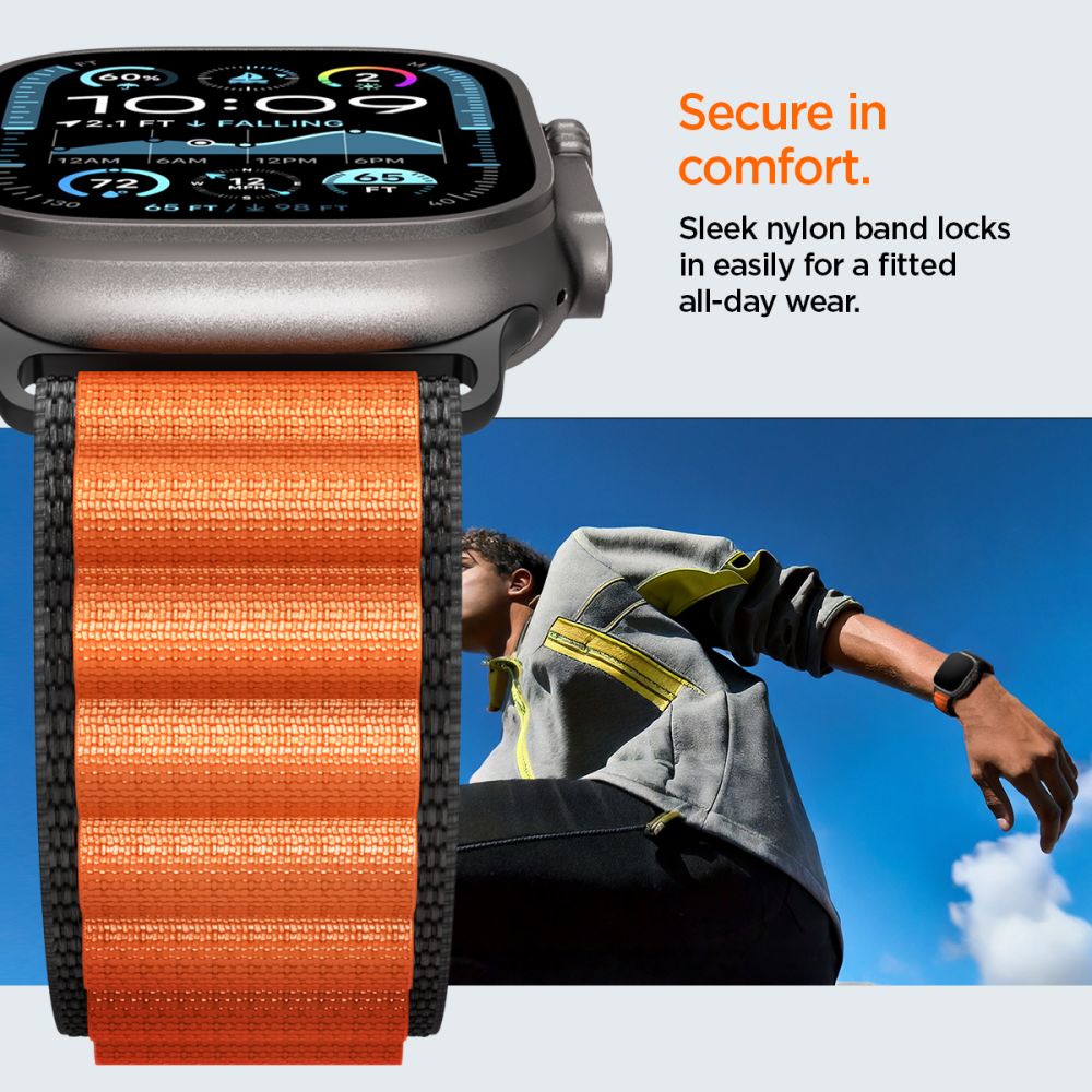 Spigen WBF1 dirželis, skirtas Apple Watch 44/45/46/49 mm – juodas ir oranžinis
