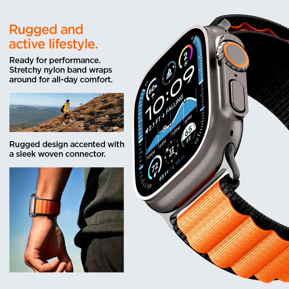 Spigen WBF1 dirželis, skirtas Apple Watch 44/45/46/49 mm – juodas ir oranžinis