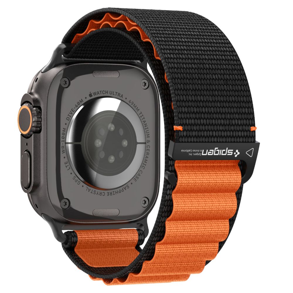 Spigen WBF1 dirželis, skirtas Apple Watch 44/45/46/49 mm – juodas ir oranžinis
