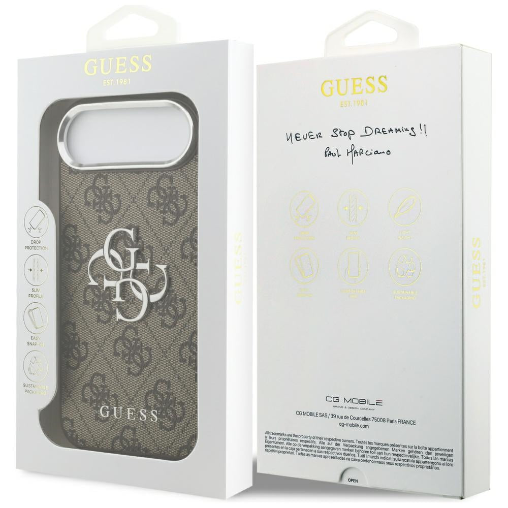 Guess 4G Didelis 4G Klasikinis logotipo dėklas, skirtas iPhone 17 Air - ruda ir sidabrinė