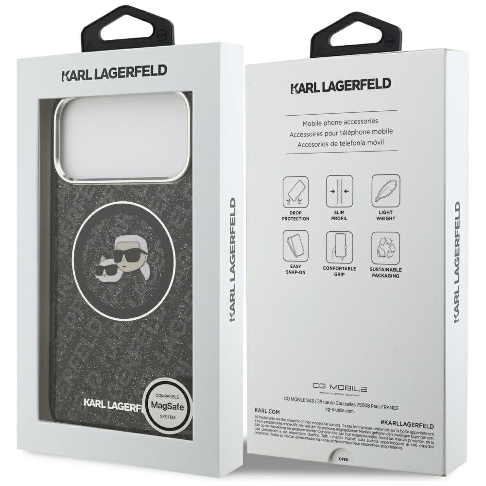 Karl Lagerfeld IML Glitter Karl & Choupette Galvos Logotipas MagSafe Dėklas iPhone 17 Pro Max - Juodas -- iPhone 17 Pro Max