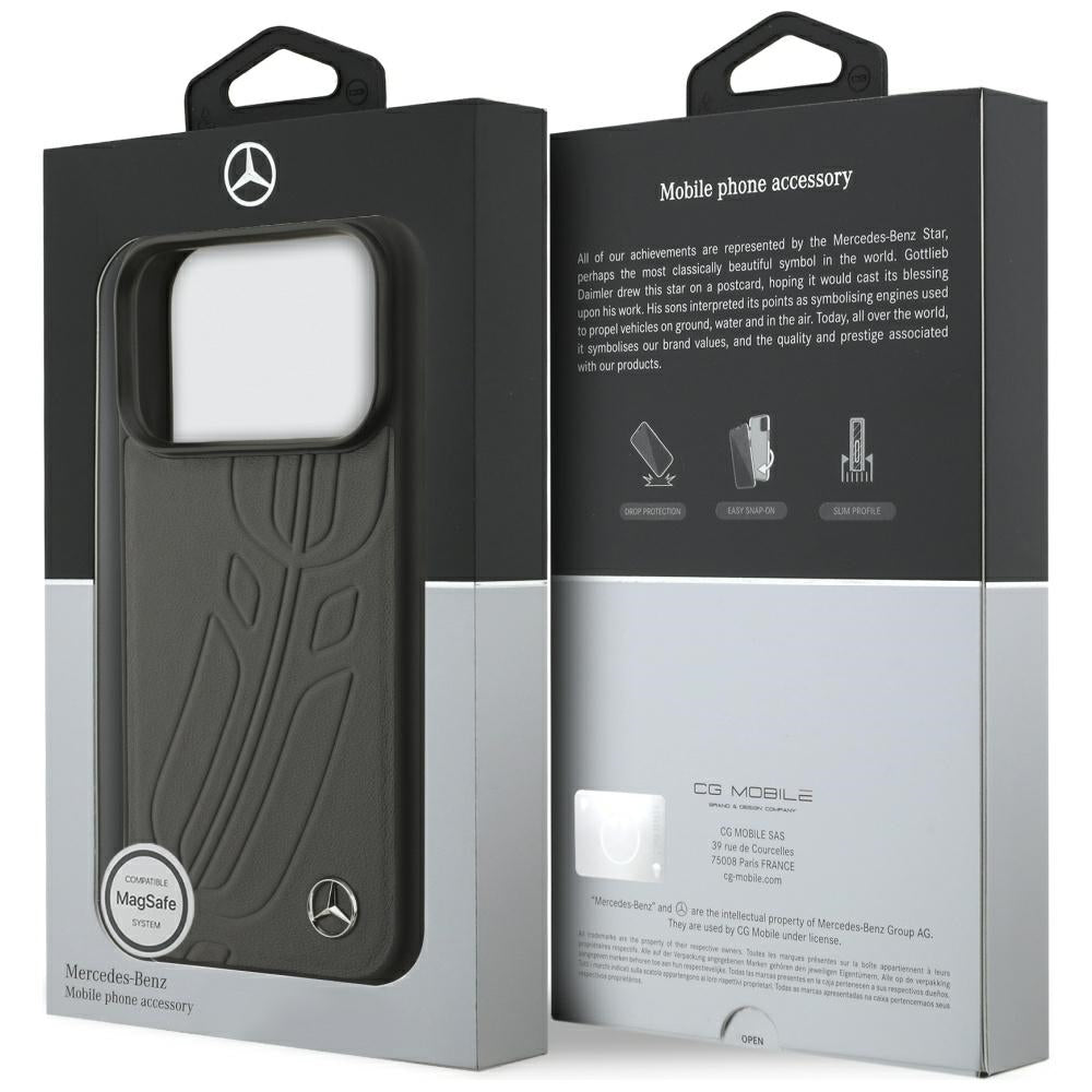Mercedes Leather Large Laurel Leave MagSafe dėklas iPhone 17 Pro - Juodas ir Pilkas -- iPhone 17 Pro