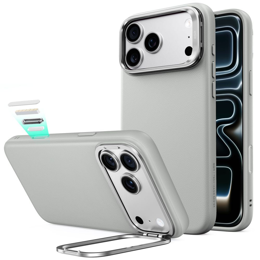 Dėklas ESR Leather Kickstand MagSafe iPhone 17 Pro / 18 Pro, pilkas -- iPhone 17 Pro, iPhone 18 Pro