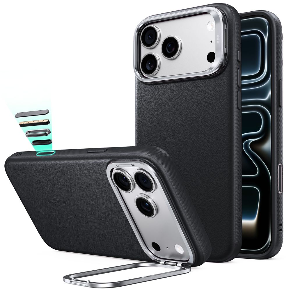 Dėklas ESR Leather Kickstand MagSafe iPhone 17 Pro / 18 Pro, juodas -- iPhone 17 Pro, iPhone 18 Pro