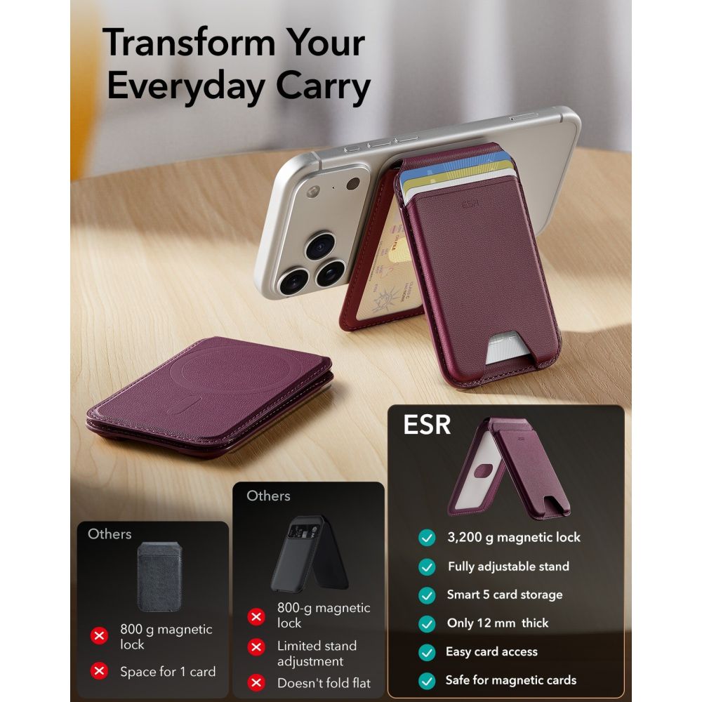 Piniginė ESR Classic RFID Magnetic Wallet Stand su MagSafe, tamsiai bordinė -- iPhone 17e, iPhone 17 Pro Max, iPhone 17...