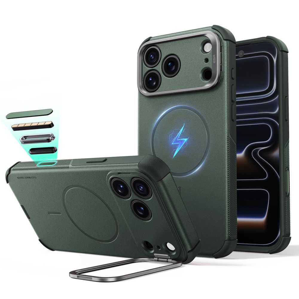 Dėklas ESR Cyber Tough Kickstand MagSafe iPhone 17 Pro Max / 18 Pro Max, žalias -- iPhone 17 Pro Max, iPhone 18 Pro Max