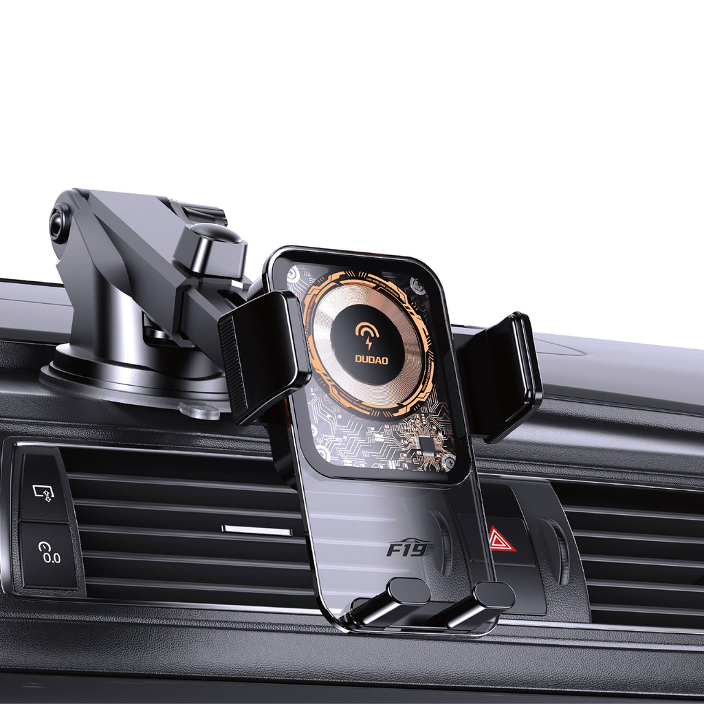 Dudao F19 spaustukinis automobilinis laikiklis su 15W indukciniu įkrovikliu - juodas