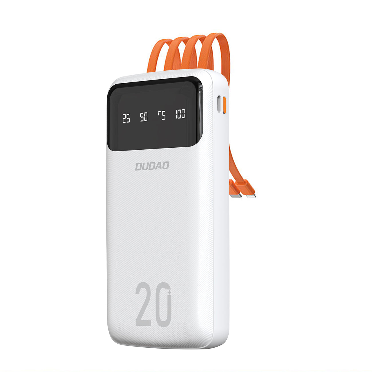 Dudao didelės talpos išorinė baterija su 4 integruotais laidais 20000mAh USB Type C + micro USB + Lightning + USB-A (input) - balta (Dudao K6Pro+)