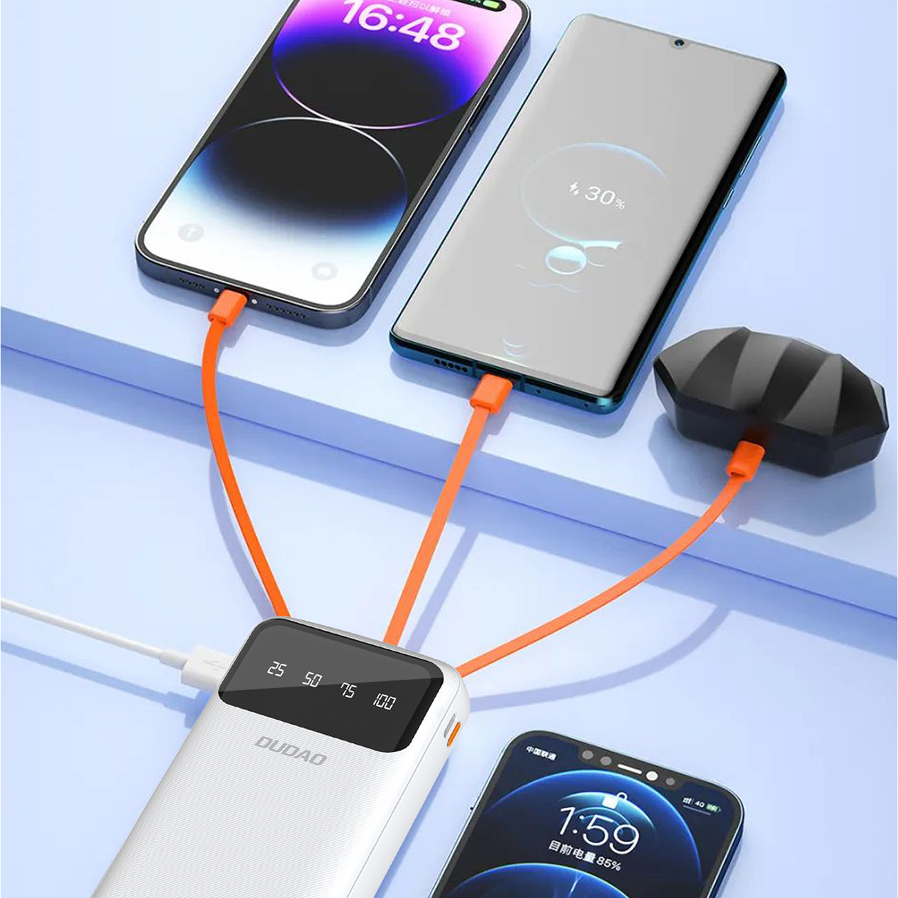 Dudao didelės talpos išorinė baterija su 4 integruotais laidais 20000mAh USB Type C + micro USB + Lightning + USB-A (input) - balta (Dudao K6Pro+)