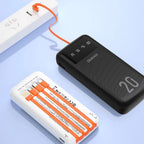 Dudao didelės talpos išorinė baterija su 4 integruotais laidais 20000mAh USB Type C + micro USB + Lightning + USB-A (input) - balta (Dudao K6Pro+)