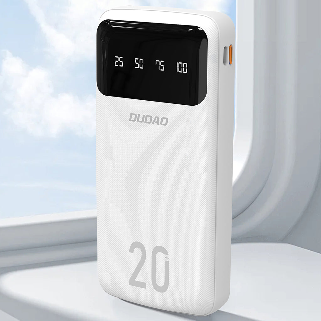 Dudao didelės talpos išorinė baterija su 4 integruotais laidais 20000mAh USB Type C + micro USB + Lightning + USB-A (input) - balta (Dudao K6Pro+)