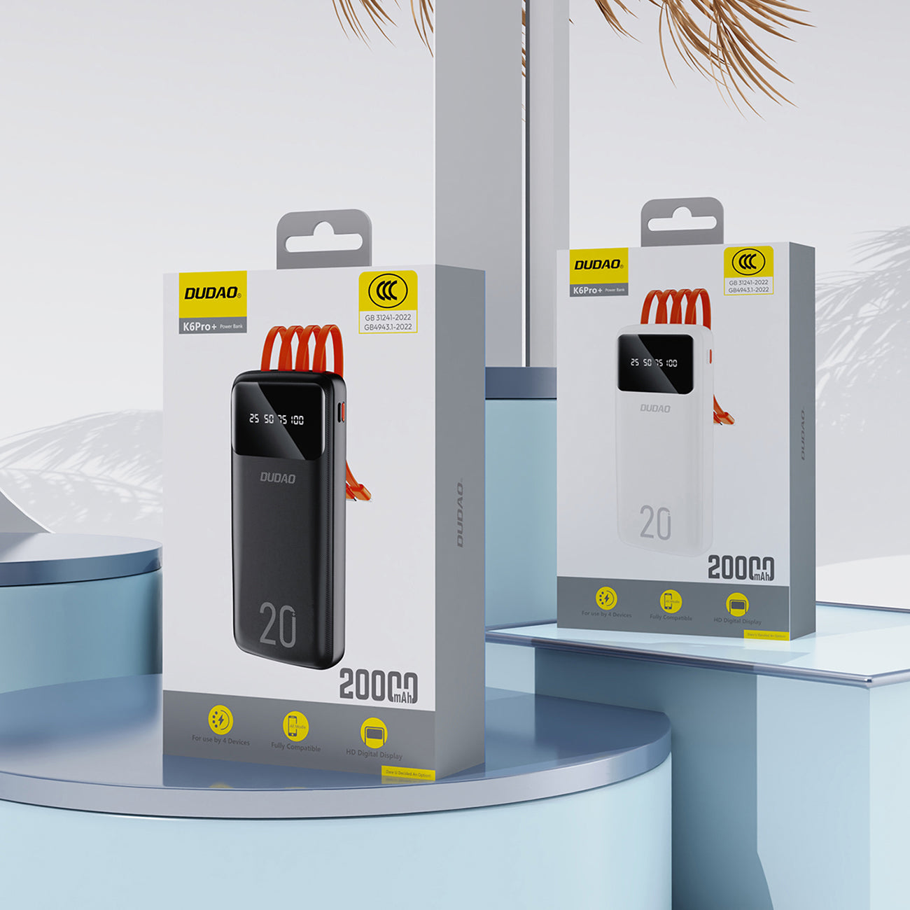Dudao didelės talpos išorinė baterija su 4 integruotais laidais 20000mAh USB Type C + micro USB + Lightning + USB-A (input) - balta (Dudao K6Pro+)