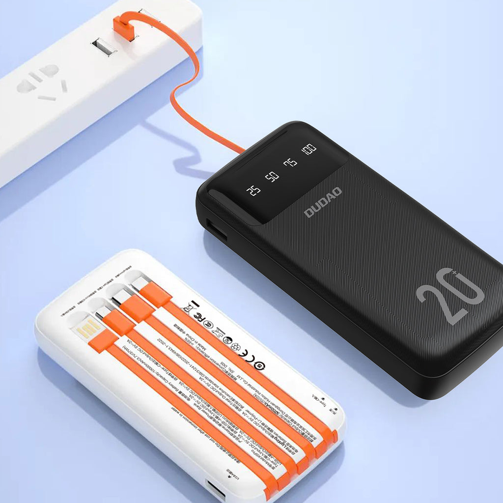 Dudao didelės talpos išorinė baterija su 4 integruotais laidais 20000mAh USB Type C + micro USB + Lightning + USB-A (input) - juoda (Dudao K6Pro+)