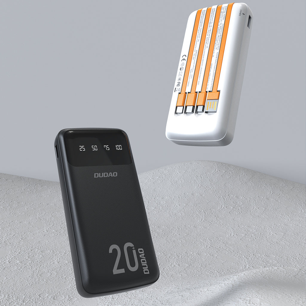 Dudao didelės talpos išorinė baterija su 4 integruotais laidais 20000mAh USB Type C + micro USB + Lightning + USB-A (input) - juoda (Dudao K6Pro+)