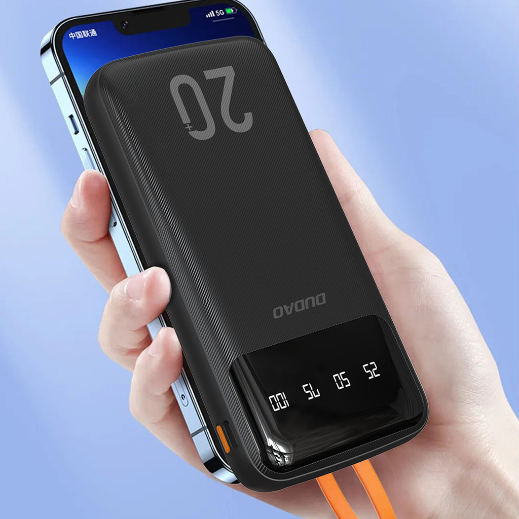 Dudao didelės talpos išorinė baterija su 4 integruotais laidais 20000mAh USB Type C + micro USB + Lightning + USB-A (input) - juoda (Dudao K6Pro+)