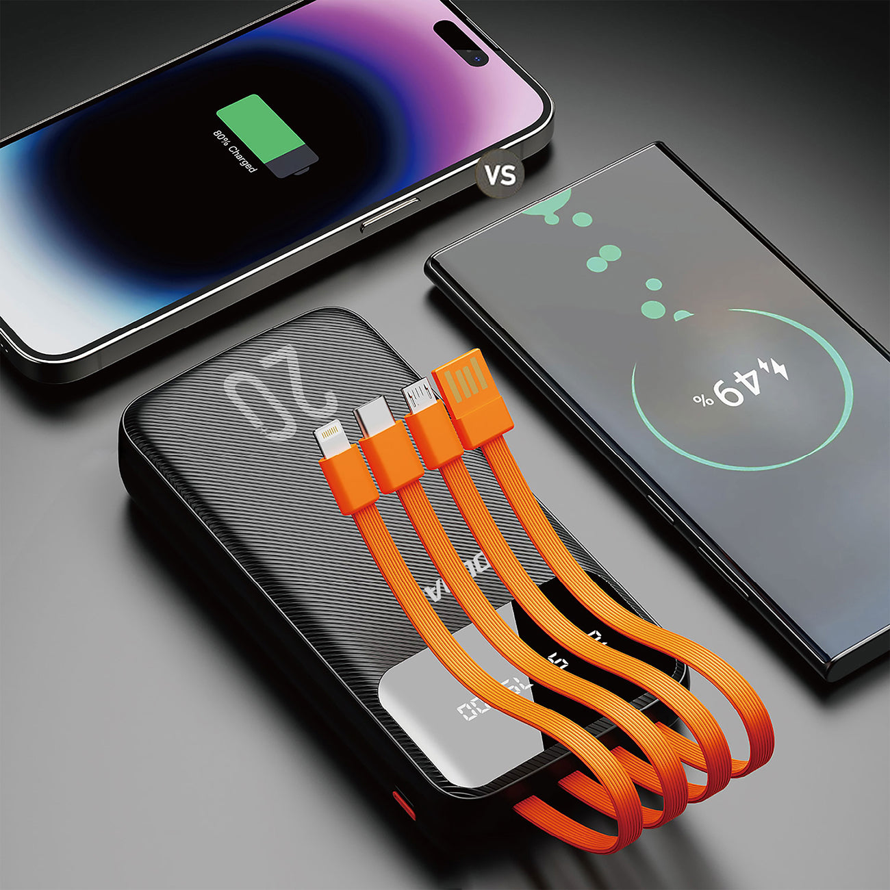 Dudao didelės talpos išorinė baterija su 4 integruotais laidais 20000mAh USB Type C + micro USB + Lightning + USB-A (input) - juoda (Dudao K6Pro+)