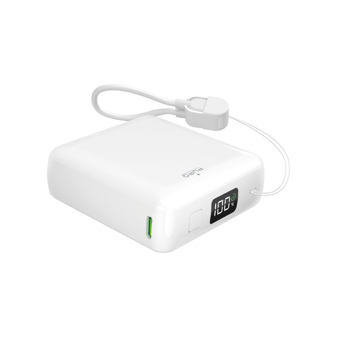 Puro 10000mAh 20W USB-C USB-A išorinė baterija su ekranu ir integruotu USB-C laidu - balta