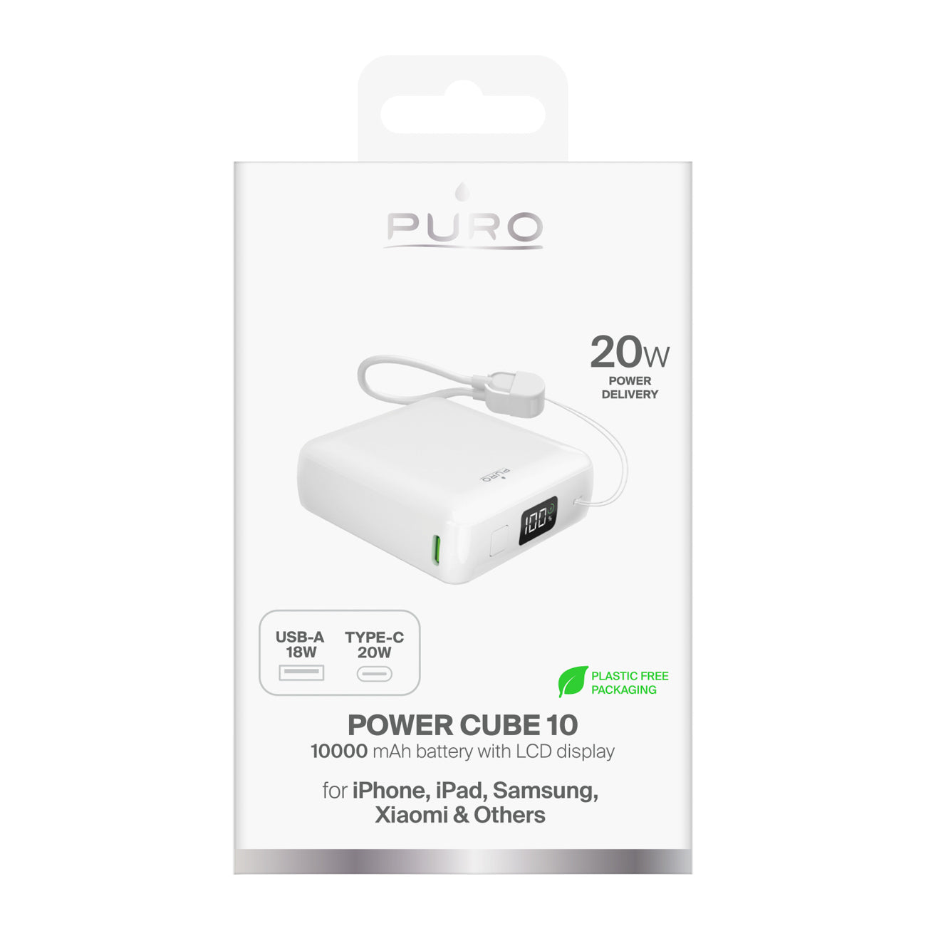 Puro 10000mAh 20W USB-C USB-A išorinė baterija su ekranu ir integruotu USB-C laidu - balta