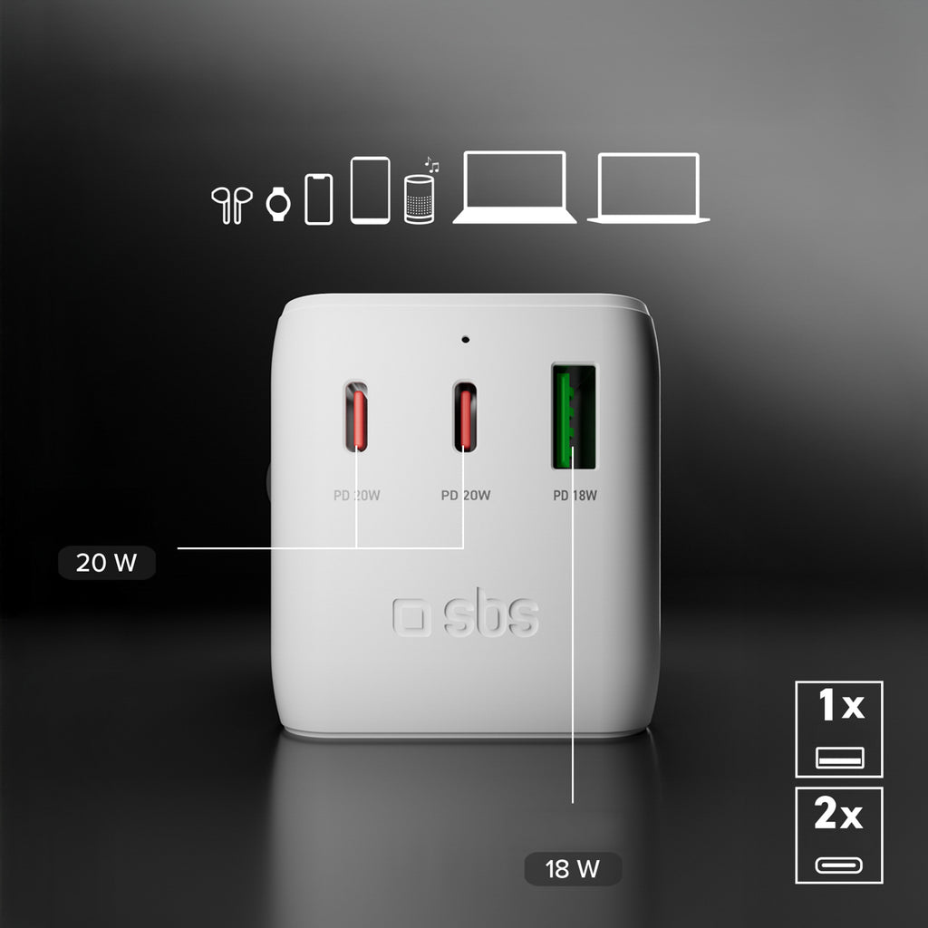 SBS Kelioninis adapteris 2xUSB-C 1xUSB-A universalus - baltas