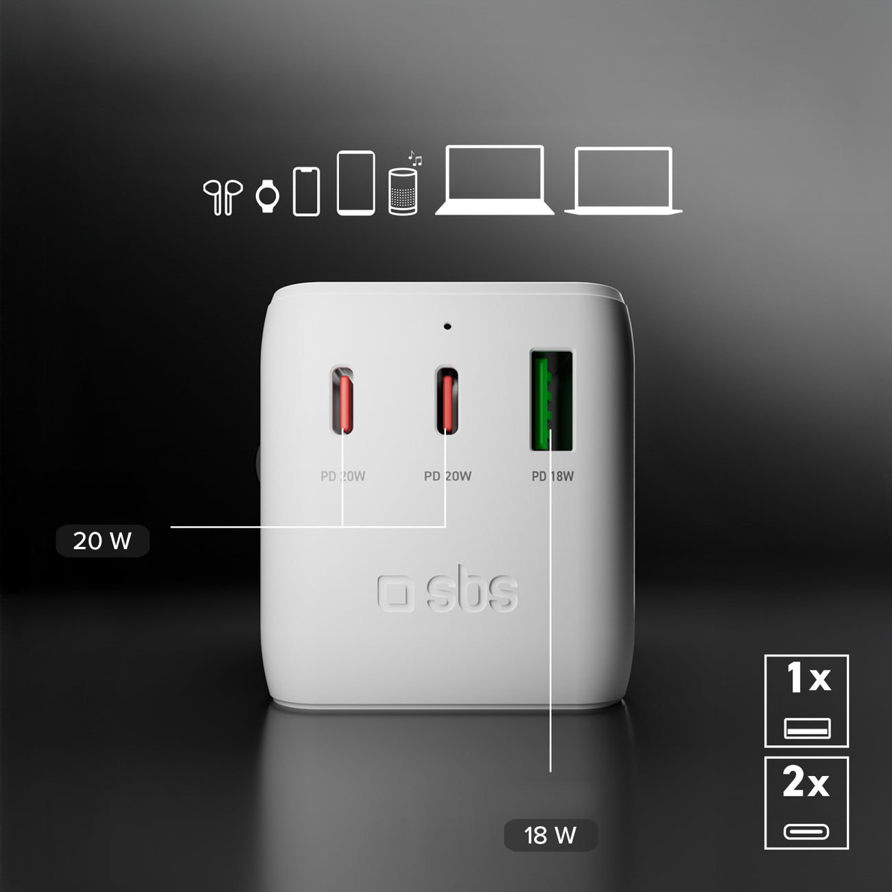 SBS Kelioninis adapteris 2xUSB-C 1xUSB-A universalus - baltas
