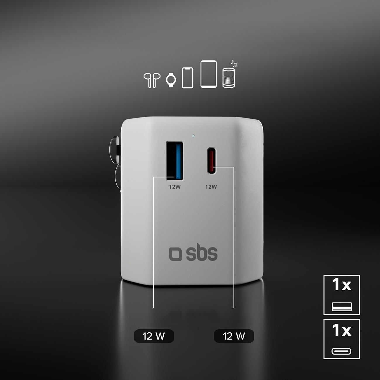 SBS Kelioninis adapteris TEADAPTUSBTCUNI USB-C USB-A universalus - baltas