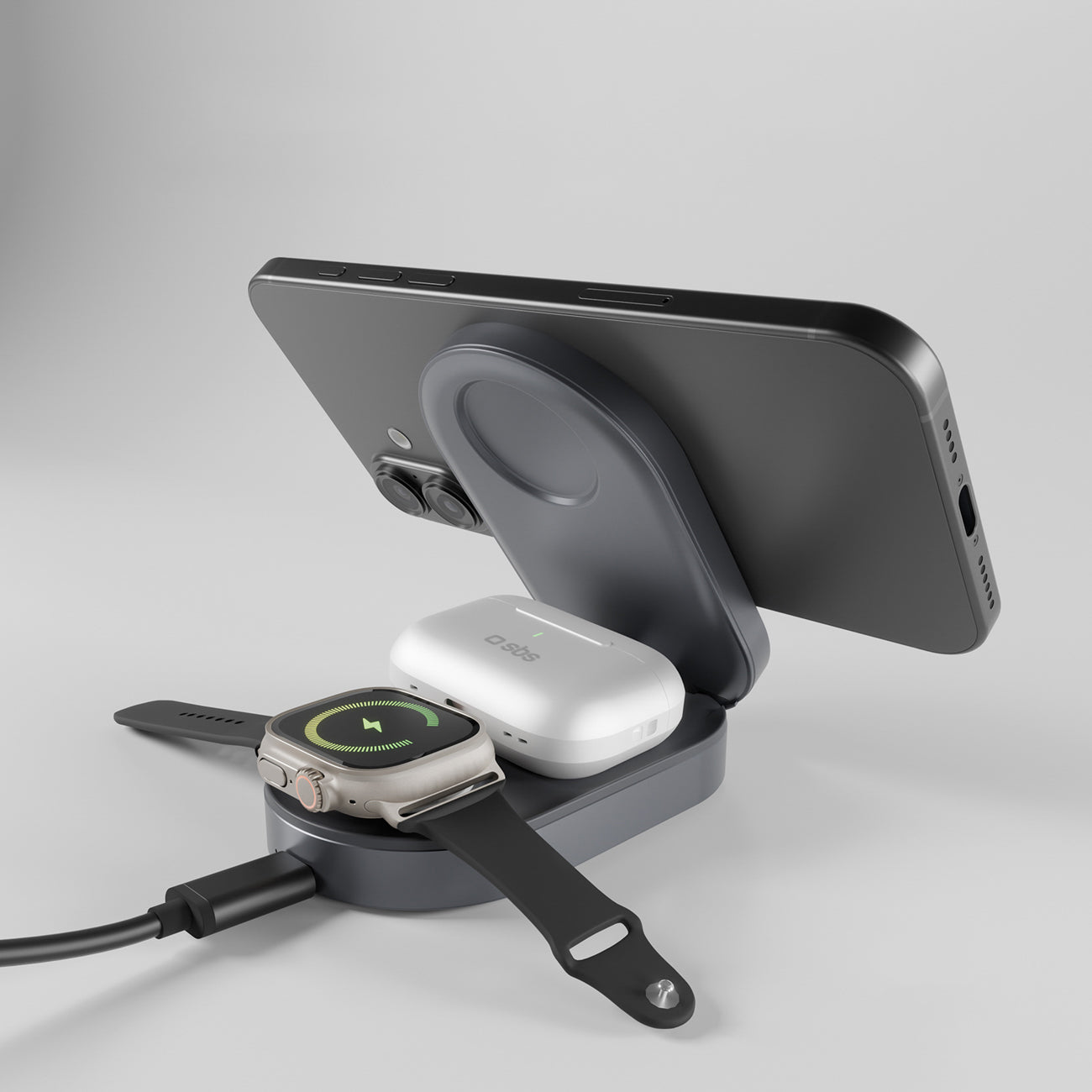 SBS sulankstoma belaidė įkrovimo stotelė 3-in-1 QI2 MFI - Made for iPhone - juodas